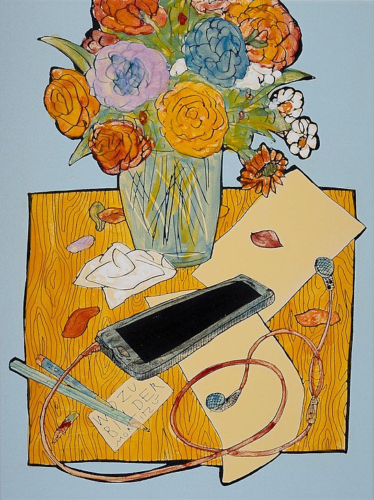 Image with desk, flowers and iPad by artist Moritz Götze